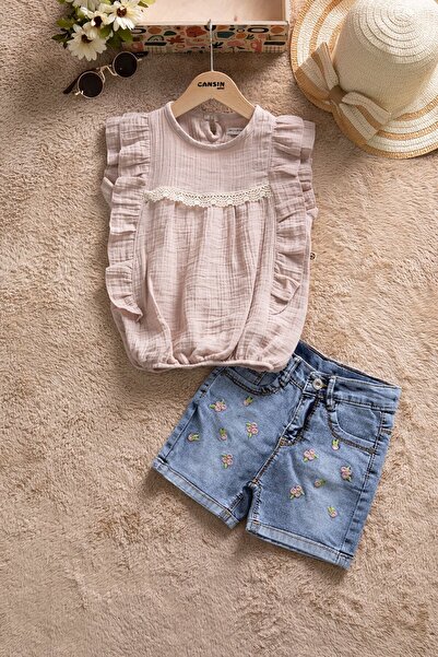 Cansın Mini Brown Lace Detailed Blouse and Jean Shorts Girl's 2-Piece Set 22662