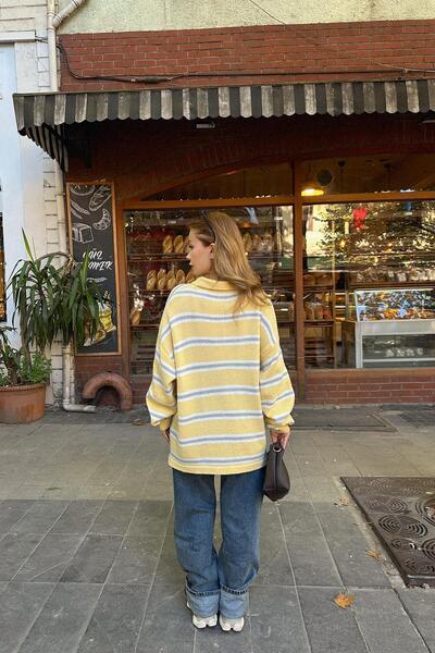 mylove Çizgili Polo Yaka Yün Kazak Sarı