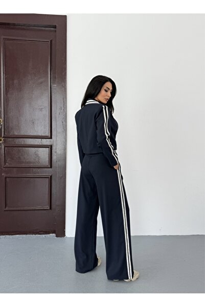 NOA LİNE Women's Striped Jacket Pants Navy Blue Set