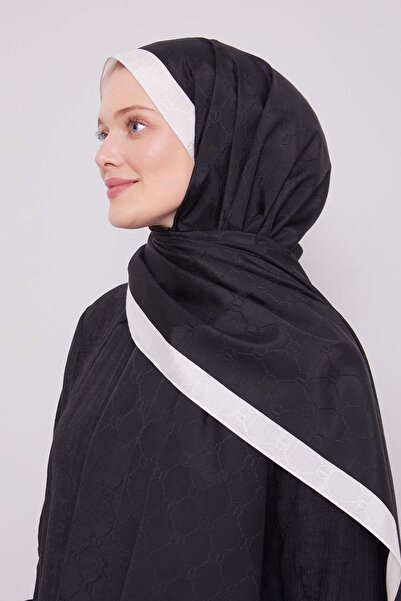 Levidor Black - Ecru Stripe Edged Monogram Shawl