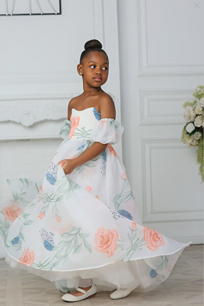 LILYMOON Çiçekli Organze Kuyruklu Abiye mezuniyet elbise,5-15 yaş