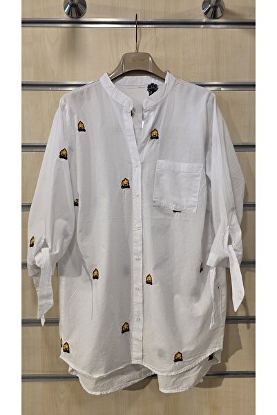 trendbysena Embroidered Women's Shirt with One Pocket and Tie-Up Sleeves