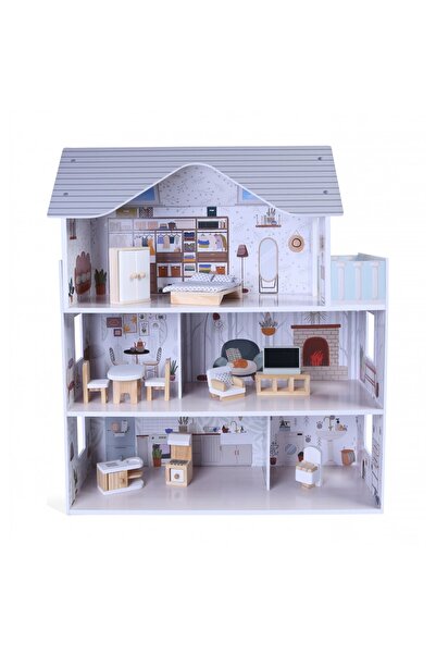 Moni Casuta din lemn pentru papusi Sarah cu 3 etaje, 5 camere, 11 piese mobilier si accesorii textil