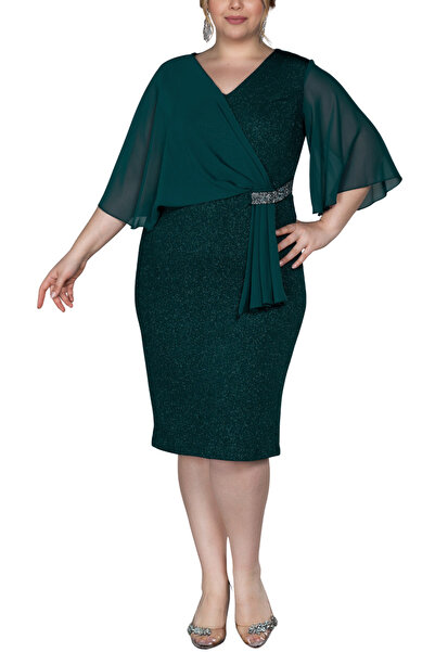 Arden Plus Size Short Evening Dress, Glitter Stone Detail, V-Neck Short Chiffon Sleeve, Dress, Wedding Mother Evening Dress, 44-58