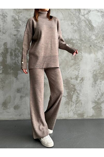 moda paketi Oversize Sweater Pants Turtleneck Sleeve Button Detail Premium Quality Double Knitwear Set - Brown