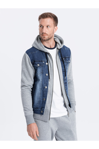 OMBRE Jachetă de blugi bărbătească de mijloc de sezon - denim/gri OM-JADJ-0124 XXL