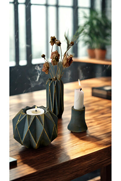 Yaratıcı sanatlar atölyesi Doğal Taş Döküm 3'lü Mumluk Vazo Şamdan Seti