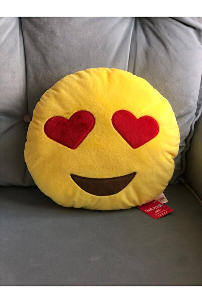 Selay Emoji Kalp Gözlü Yastık – Sarı Peluş Dekoratif Minder 35 cm