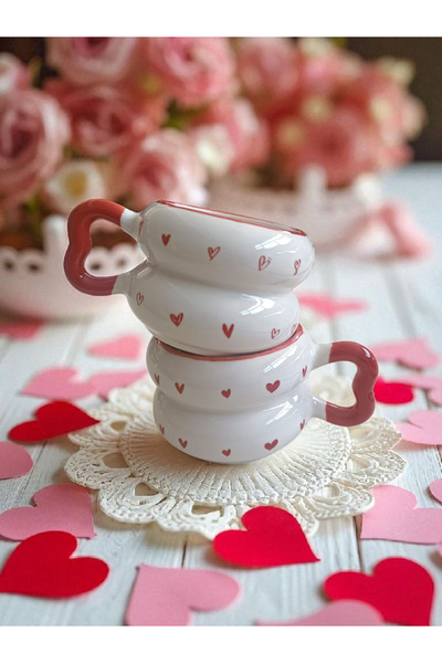 Simge Seramik 2 Li Minik Hearts Patterned Twist Heart Handle Handmade Special Design Cup