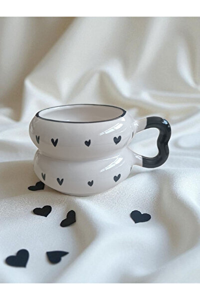 Simge Seramik 2 Li Minik Hearts Patterned Twist Heart Handle Handmade Special Design Cup