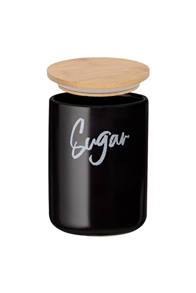 SHOPIENS ® Black Ceramic Sugar Jar with Bamboo Lid and Silicone Ring, 800 ml