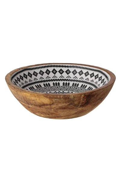 SHOPIENS Shopiens® wooden bowl with wooden exterior and enameled interior with black and white Aztec pattern, 25 x 8 cm