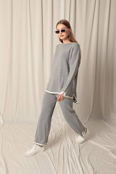 moda paketi Sweater Pants Striped Slit Detail Premium Quality Double Knitwear Set