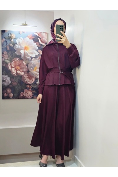 VENT GİYİM Women's Hijab Double Set with Skirt and Jacket Belted September Set