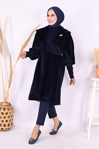 Bym Fashion Waist Belted Collar Stone Brooch Detailed Coat 7874 Navy Blue