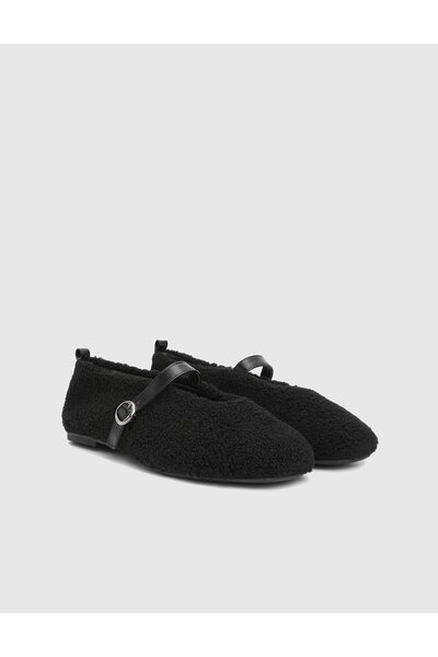 İLVİ Digor Genuine Leather Plush Black Women's Ballerinas