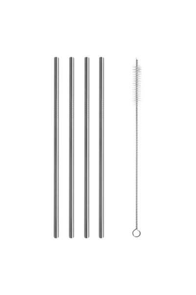 SHOPIENS Set 4 paie reutilizabile din otel inoxidabil Shopiens®, drepte, argintii cu perie de curatare, 5 x