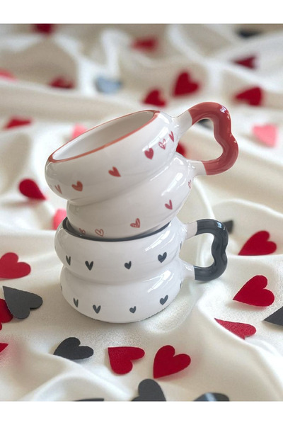 Simge Seramik 2 Li Minik Hearts Patterned Twist Heart Handle Handmade Special Design Cup