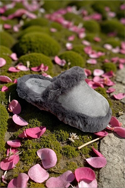 ALTUNTAŞ Indoor Plush Furry Closed Front Eva Sole Gift Slippers Gray