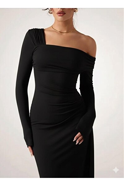 MEGOMEL Elegantní asymetrické šaty s jedním ramínkem a dlouhým rukávem pro ženy