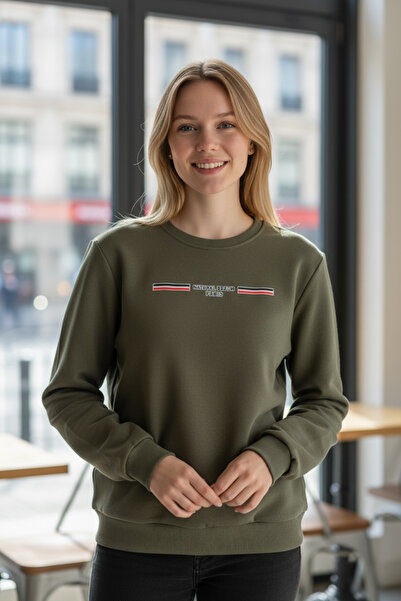 ERSUNO Unisex Oversize Haki Baskılı Sweatshirt – Bisiklet Yaka