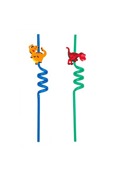 SHOPIENS Set 2 reusable plastic straws Shopiens, spiral, green and blue with dinosaur figurines, 6 x 270 mm