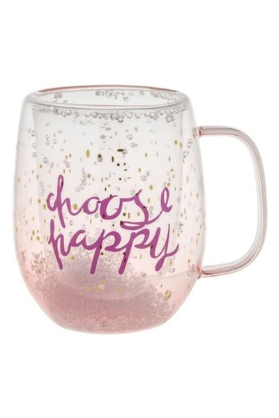 SHOPIENS Cană de sticlă cu pereți dubli și pietre decorative „Choose Happy” 3...