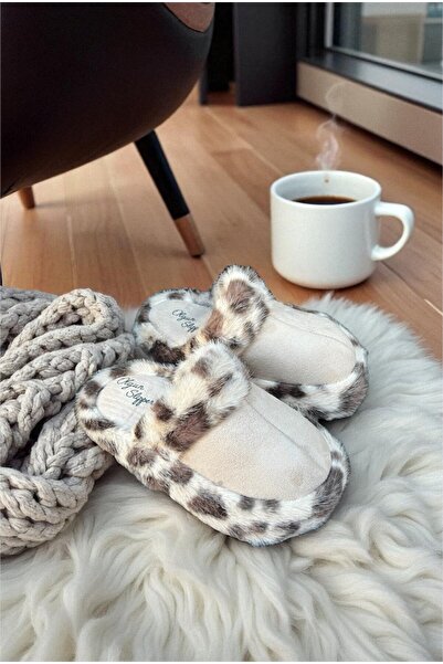 ALTUNTAŞ Ev İçi Peluş Tüylü Önü Kapalı Eva Taban Hediyelik Terlik Bej Leopar