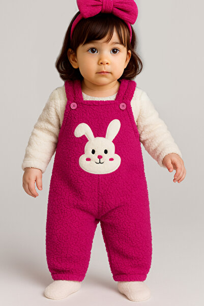 Bubito Rabbit Embroidered Winter Plush Welsoft Baby Romper-Fuchsia
