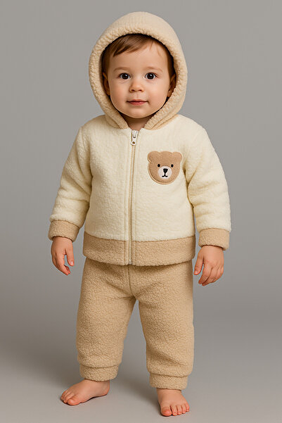 Bubito Bear Embroidered Winter Plush Welsoft 2-Piece Hooded Set-Brown