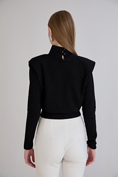 Sortie Women's Shoulder Pad Pack Turtleneck Elastic Waist Midi Length Black Glitter Knitwear