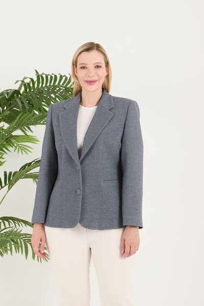 Fagi Women's Gingham Buttoned Blue and White Mixed Classic Jacket