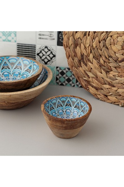 SHOPIENS Bol din lemn Shopiens® cu interior emailat și modele albastru-albe, 13 x 7 cm