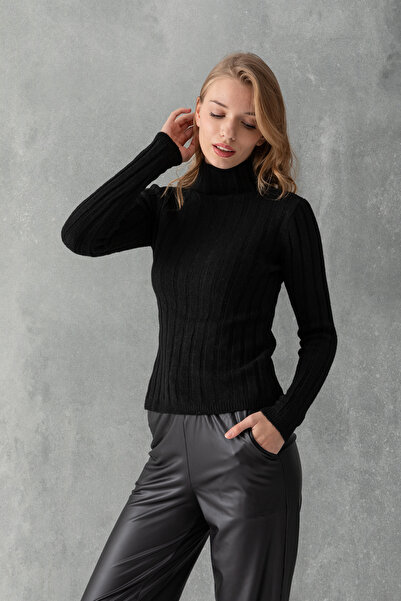 Wega Moda Turtleneck Knitwear Women's Sweater – Fit Striped Winter Sweater |   100% Wool - Soft Textured Sweater