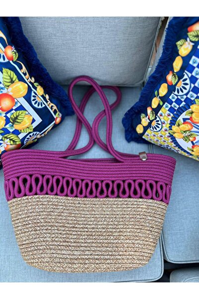 NS TASARIM MAYO حقيبة لواي من القش بتفاصيل فوشيا
