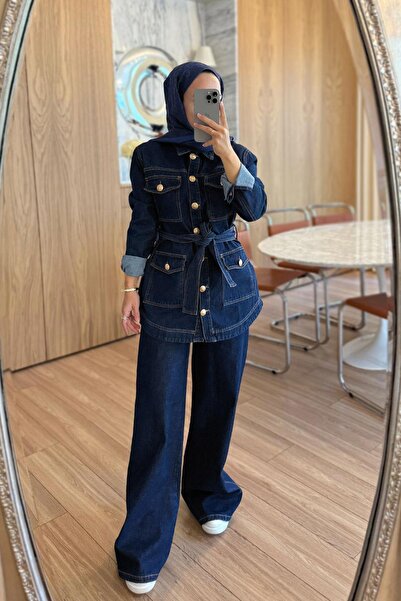 Ka Hijab Tied Denim Suit - Navy Blue