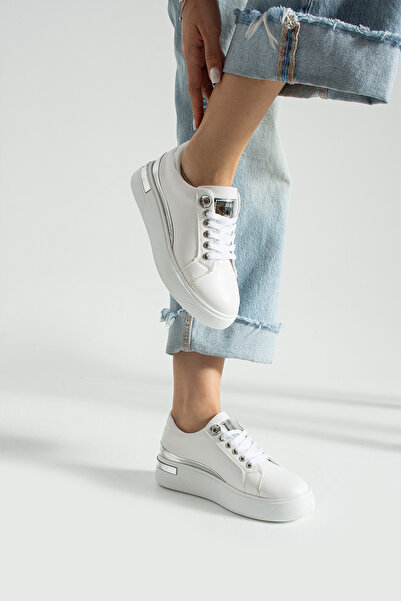 BOUIS Pantofi sport albi cu șireturi pentru femei, talpă confortabilă, confortabilă, moale, pentru mers zilnic