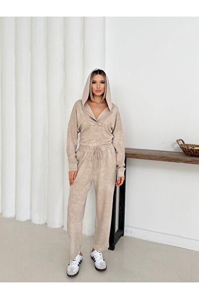 MODAMERSİ Women's Beige Hooded Blouse Pants Bottom Top Set