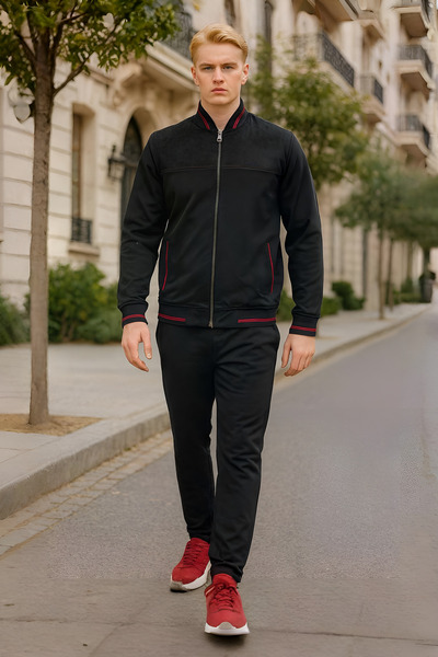 BESSA Black College Collar Tracksuit Set with Suede Detail Seasonal Fabric Zippered Pocket Men's
