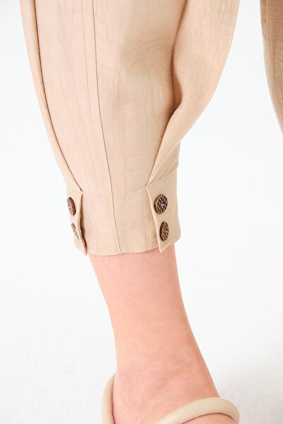 Sortie Women's Beige Color High Waist Ankle Length Buttoned Pleated Carrot Pants