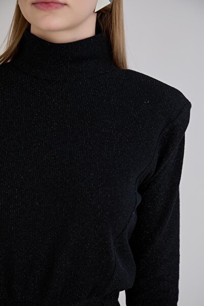 Sortie Women's Shoulder Pad Pack Turtleneck Elastic Waist Midi Length Black Glitter Knitwear