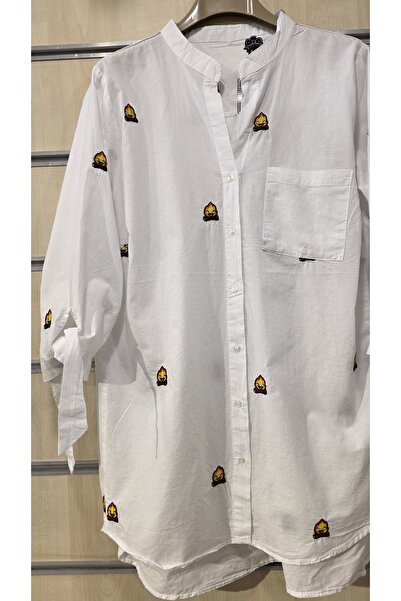 trendbysena Embroidered Women's Shirt with One Pocket and Tie-Up Sleeves