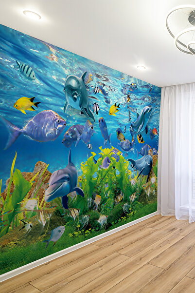 dreamwall Deniz Altı Dünyası Yunus ve Tropik Balıklar Tek Parça Duvar Kağıdı