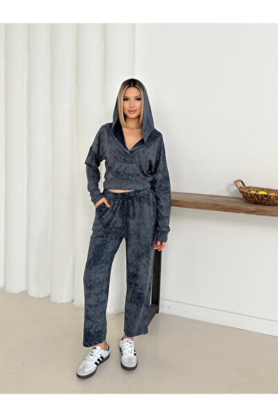 MODAMERSİ Women's Anthracite Hooded Blouse Pants Bottom Top Set