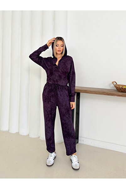 MODAMERSİ Women's Purple Hooded Blouse Pants Bottom Top Set