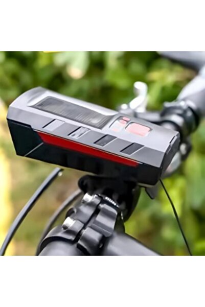 KESNUP Lanternă frontală pentru bicicletă cu încărcare solară și USB, claxon, impermeabilă, 3 moduri de iluminare, negru și roșu