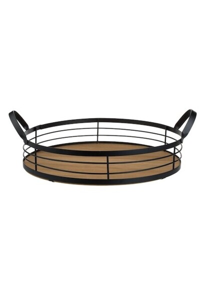 SHOPIENS Tava de servire Shopiens®, rotunda din lemn de culoare bej-maro cu manere metalice negre, 30 x 6 cm