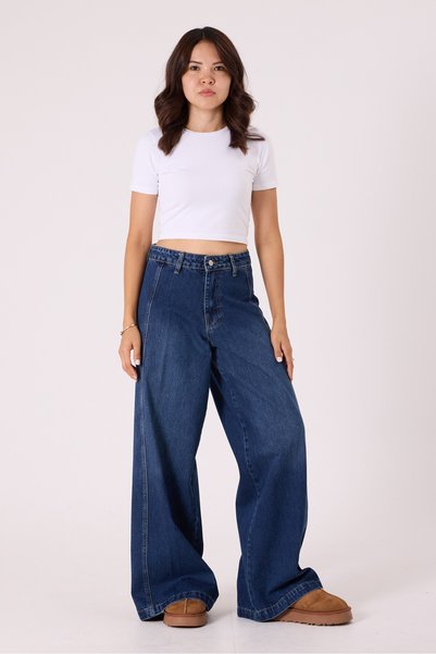 Crc Pantaloni Palazzo albaștri pentru femei – Cu picior larg, lungime lungă, 100% bumbac, denim, cu detaliu buzunar Fileto