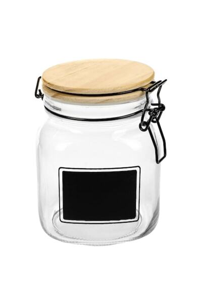 SHOPIENS Food storage jar made of transparent glass with wooden safety lid and label, Shopiens®, 1 L