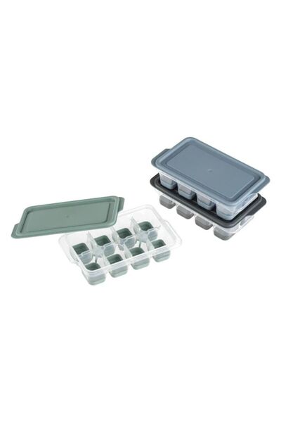 SHOPIENS Set 3 Mini Transparent Boxes with Silicon Compartments and Colorful Lids for 24 Ice Cubes 13x7.5x3.5